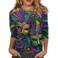 thumbnail image 1 of Mardi Gras Shirts for Women Sparkly Crew Neck Green Graphic Tee 3/4 Sleeve Glitter Gold Tunic Tops Green L, 1 of 5