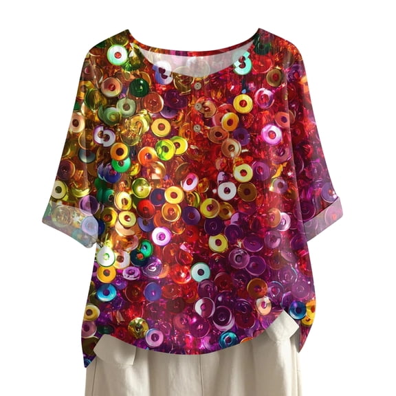 Mardi Gras Shirts for Women Sparkly Feathers Print Crew Neck T Shirts Carnival Short Sleeve Party Tops Red M