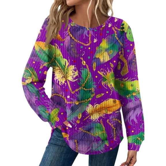 Mardi Gras Shirts for Women Sparkly Feathers Print Crew Neck Tunic Tops Sequins Long Sleeve Purple T Shirts Purple L