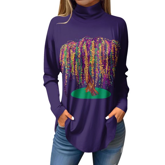 Mardi Gras Shirts for Women Sparkly Feathers Print Long Sleeve T Shirts Glitter Mock Neck Gold Tunic Tops Light Purple M