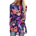 thumbnail image 1 of Mardi Gras Shirts for Women Sparkly Feathers Print Long Sleeve Tops Mask Print Crew Neck Novelty Graphic Tee Dark Blue XL, 1 of 5