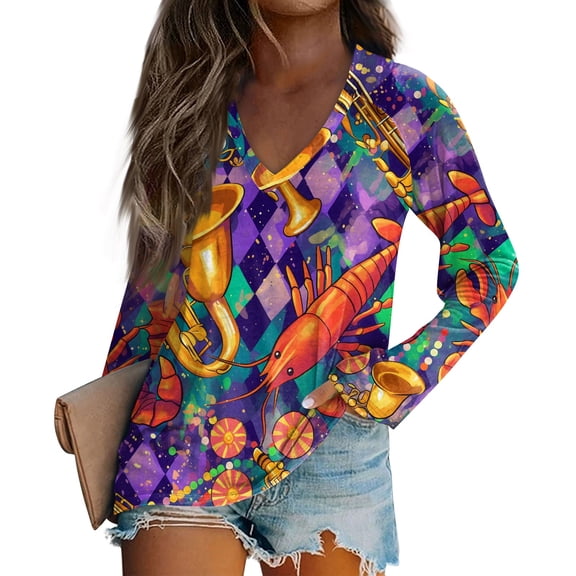 Mardi Gras Shirts for Women Sparkly Feathers Print Long Sleeve Tunic Tops Carnival V Neck Green Tops Purple 2XL