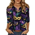 thumbnail image 1 of Mardi Gras Shirts for Women Sparkly Feathers Print V Neck Blouse Carnival 3/4 Sleeve Gold T Shirts Purple S, 1 of 5
