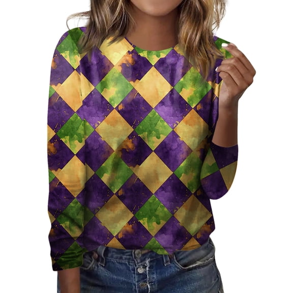 Mardi Gras Shirts for Women Sparkly Long 3/4 Sleeve Party Graphic Tee Crew Neck Glitter Gold Tops Dark Gray M