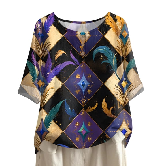 Mardi Gras Shirts for Women Sparkly Mask Print Crew Neck T Shirts Feathers Print Short Sleeve Holiday Graphic Tee Purple Pink L