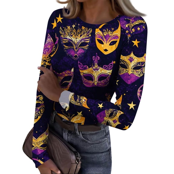 Mardi Gras Shirts for Women Sparkly Sequins Crew Neck T Shirts Carnival Long Sleeve Novelty Tunic Tops Dark Purple S