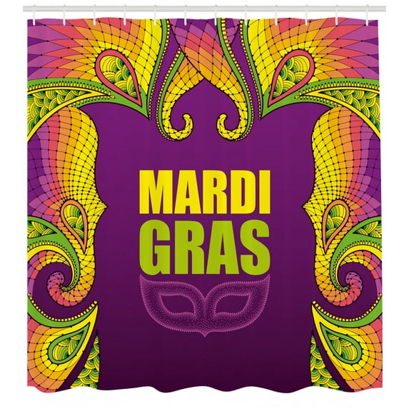 Mardi Gras Shower Curtain, Dotwork Style Carnival Mask Colorful Lace Inspired Design Element, Fabric Bathroom Set with Hooks, 69W X 84L Inches Extra Long, Purple Lime Green Yellow, by Ambesonne