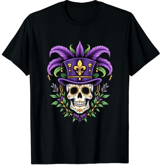 Mardi Gras Skull Top Hat New Orleans Witch Doctor Voodoo Graphic Crew Neck Short Sleeve T-Shirts (Men's, Women's)