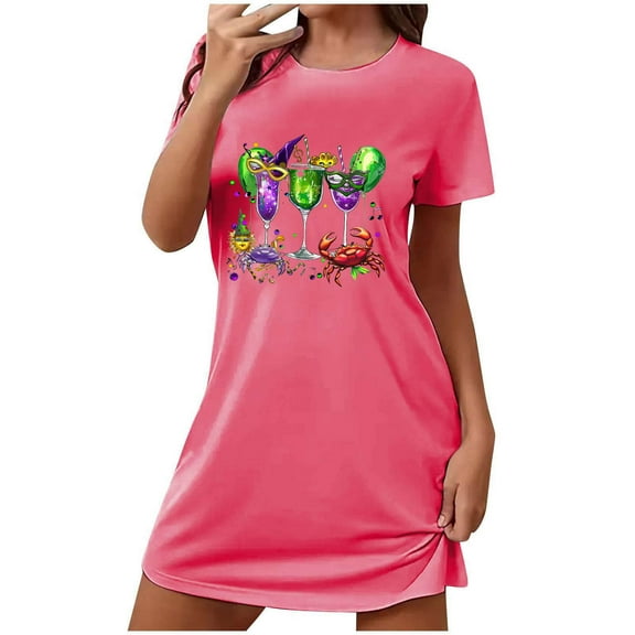Mardi Gras Sleep Shirts for Women Funny Carnival Graphic Print Short Sleeve Night Shirts Nightgown Soft Nightdress
