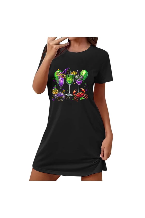 Mardi Gras Sleep Shirts for Women Funny Carnival Graphic Print Short Sleeve Night Shirts Nightgown Soft Nightdress