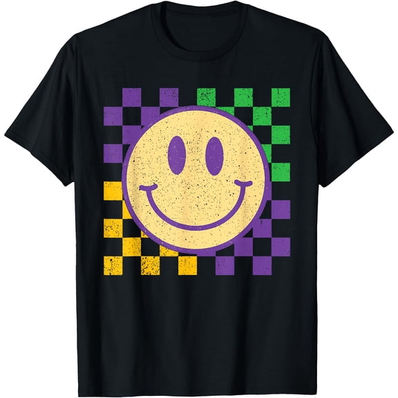 Mardi Gras Smile Face Groovy Checkered Men Women Kids T-Shirt Mardi Gras Party T-Shirt, Louisiana Vibe, Let’s Celebrate