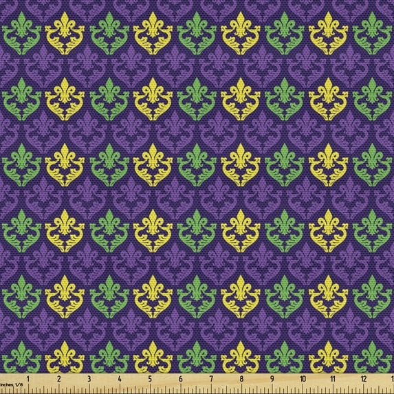 Ambesonne Mardi Gras Fabric by the Yard Upholstery, Antique Motifs Tile, 10 Yards, Purple Green Yellow