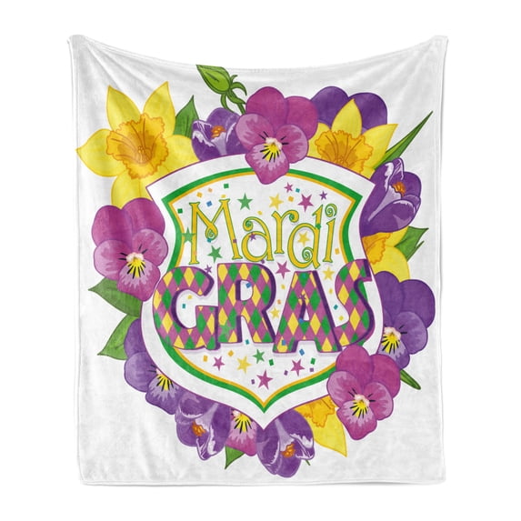 Mardi Gras Soft Flannel Fleece Blanket, Blazon with Flourishing Colorful Flowers Coat of Arms Masquerade Holiday Theme, Cozy Plush for Indoor and Outdoor Use, 70" x 90", Multicolor, by Ambesonne