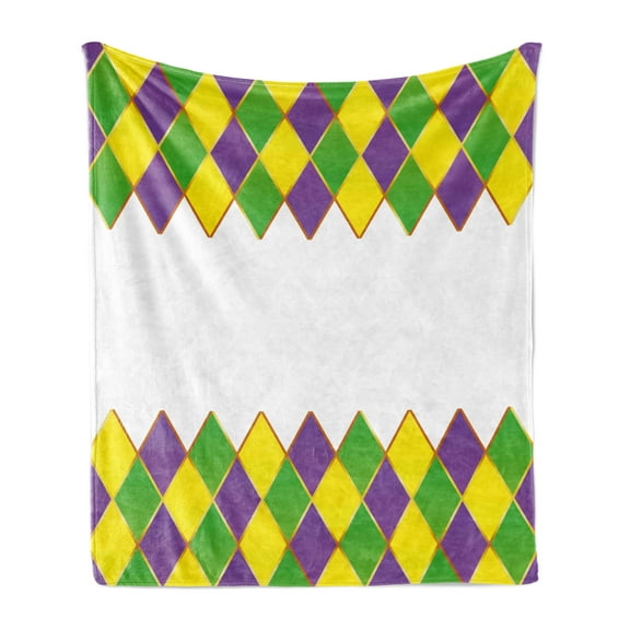 Mardi Gras Soft Flannel Fleece Blanket, Carnival Colored Grid Design Diamond Line Pattern Retro Framework, Cozy Plush for Indoor and Outdoor Use, 60" x 80", Purple Lime Green Yellow, by Ambesonne