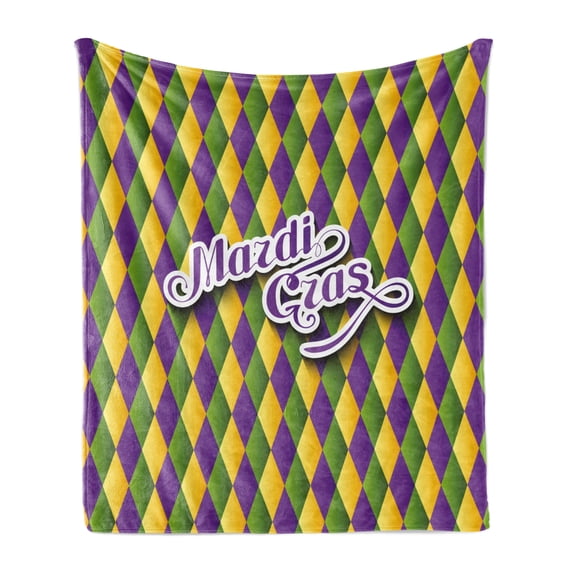 Mardi Gras Soft Flannel Fleece Blanket, Hand Writing Calligraphy Design on Diamond Line Pattern Iconic Colors, Cozy Plush for Indoor and Outdoor Use, 50" x 60", Purple Green Yellow, by Ambesonne