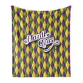 thumbnail image 1 of Mardi Gras Soft Flannel Fleece Blanket, Hand Writing Calligraphy Design on Diamond Line Pattern Iconic Colors, Cozy Plush for Indoor and Outdoor Use, 50" x 70", Purple Green Yellow, by Ambesonne, 1 of 5