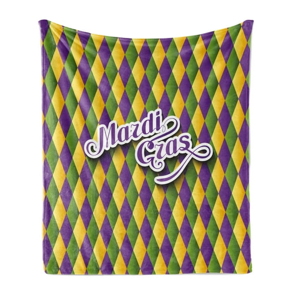 Mardi Gras Soft Flannel Fleece Blanket, Hand Writing Calligraphy Design on Diamond Line Pattern Iconic Colors, Cozy Plush for Indoor and Outdoor Use, 70" x 90", Purple Green Yellow, by Ambesonne