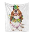 thumbnail image 1 of Mardi Gras Soft Flannel Fleece Blanket, Happy Smiling Basset Hound Dog Wearing a Jester Hat Neck Garland Bead Necklace, Cozy Plush for Indoor and Outdoor Use, 70" x 90", Multicolor, by Ambesonne, 1 of 6