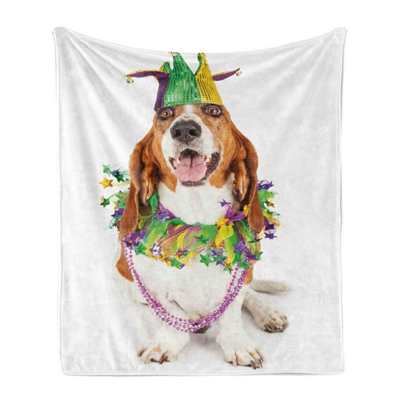 Mardi Gras Soft Flannel Fleece Blanket, Happy Smiling Basset Hound Dog Wearing a Jester Hat Neck Garland Bead Necklace, Cozy Plush for Indoor and Outdoor Use, 70" x 90", Multicolor, by Ambesonne
