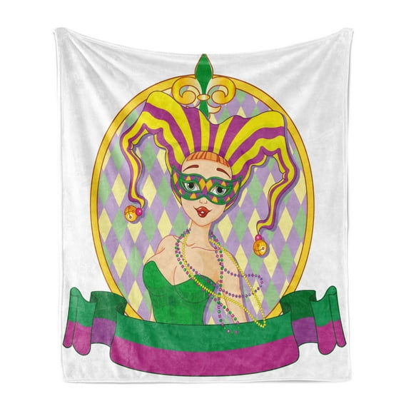 Mardi Gras Soft Flannel Fleece Blanket, Harlequin Lady Cartoon Style Circular Frame Checkered Pattern Ribbons, Cozy Plush for Indoor and Outdoor Use, 50" x 60", Purple Yellow Green, by Ambesonne