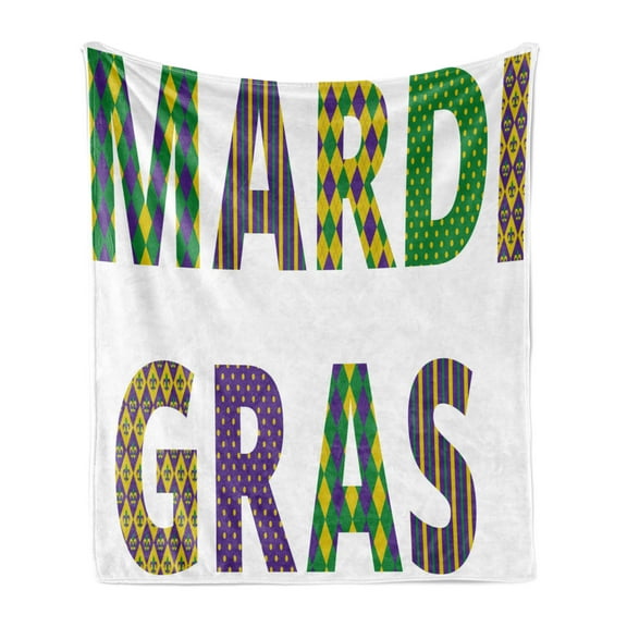 Mardi Gras Soft Flannel Fleece Blanket, Lettering with Traditional Patterns Dots Checkered Motif Lily Flowers, Cozy Plush for Indoor and Outdoor Use, 50" x 60", Purple Green Yellow, by Ambesonne