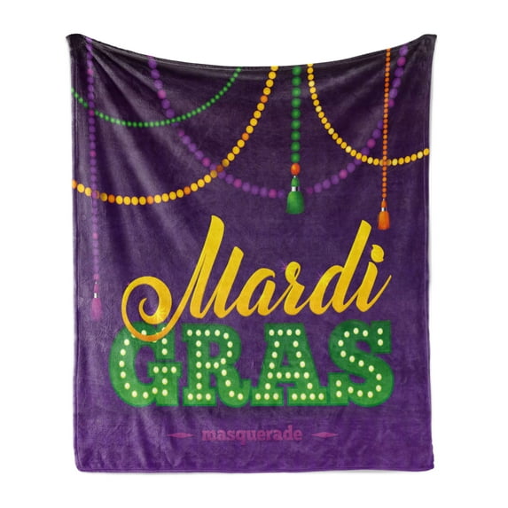 Mardi Gras Soft Flannel Fleece Throw Blanket, Beads and Tassels Masquerade Theme Calligraphy Design Fun Print, Cozy Plush for Indoor and Outdoor Use, 60" x 80", Fern Green Marigold, by Ambesonne