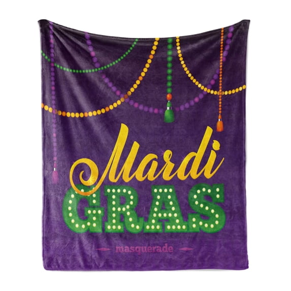 Mardi Gras Soft Flannel Fleece Throw Blanket, Beads and Tassels Masquerade Theme Calligraphy Design Fun Print, Cozy Plush for Indoor and Outdoor Use, 70" x 90", Fern Green Marigold, by Ambesonne