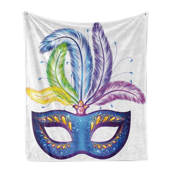 Mardi Gras Soft Flannel Fleece Throw Blanket, Blue Ornate Venetian Festival with Feathers Masquerade Parade Preparations, Cozy Plush for Indoor and Outdoor Use, 60" x 80", Multicolor, by Ambesonne