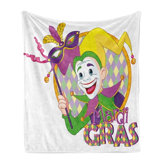 Mardi Gras Soft Flannel Fleece Throw Blanket, Cartoon Design of Mardi Gras Jester Smiling and Holding a Harlequin, Cozy Plush for Indoor and Outdoor Use, 60" x 80", Multicolor, by Ambesonne