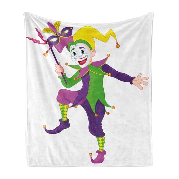Mardi Gras Soft Flannel Fleece Throw Blanket, Cartoon Style Jester in Costume with Happy Dancing Party, Cozy Plush for Indoor and Outdoor Use, 60" x 80", Multicolor, by Ambesonne