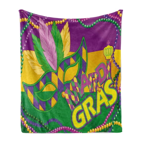 Mardi Gras Soft Flannel Fleece Throw Blanket, Colorful Bands Vivid Beads Feathers and Crown, Cozy Plush for Indoor and Outdoor Use, 50" x 60", Lime Green Magenta, by Ambesonne