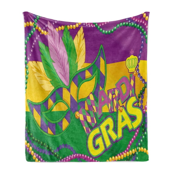 Mardi Gras Soft Flannel Fleece Throw Blanket, Colorful Bands Vivid Beads Feathers and Crown, Cozy Plush for Indoor and Outdoor Use, 70" x 90", Lime Green Magenta, by Ambesonne