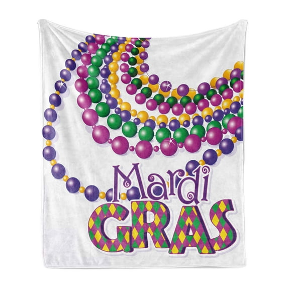 Mardi Gras Soft Flannel Fleece Throw Blanket, Colorful Beads Party Necklaces with Mardi Gras Calligraphy Patterned Design, Cozy Plush for Indoor and Outdoor Use, 70" x 90", Multicolor, by Ambesonne
