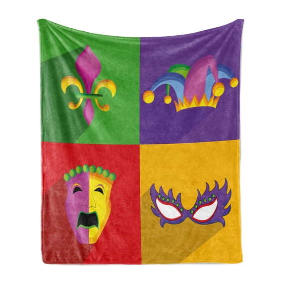 Mardi Gras Soft Flannel Fleece Throw Blanket, Colorful Frames Festival Themed Harlequin Hat and Fleur De Lis Print, Cozy Plush for Indoor and Outdoor Use, 70" x 90", Multicolor, by Ambesonne