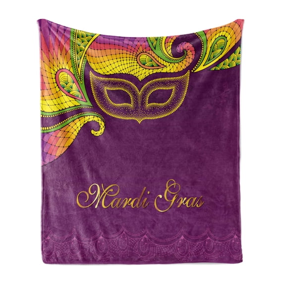 Mardi Gras Soft Flannel Fleece Throw Blanket, Colorful Lace Style Corner Ornaments Calligraphy and Dotted Design, Cozy Plush for Indoor and Outdoor Use, 60" x 80", Purple Yellow Green, by Ambesonne