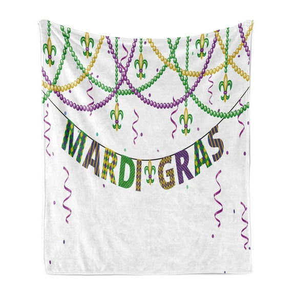 Mardi Gras Soft Flannel Fleece Throw Blanket, Design with Fleur De Lis Hanging from Colorful Beads, Cozy Plush for Indoor and Outdoor Use, 60" x 80", Purple Green Yellow, by Ambesonne