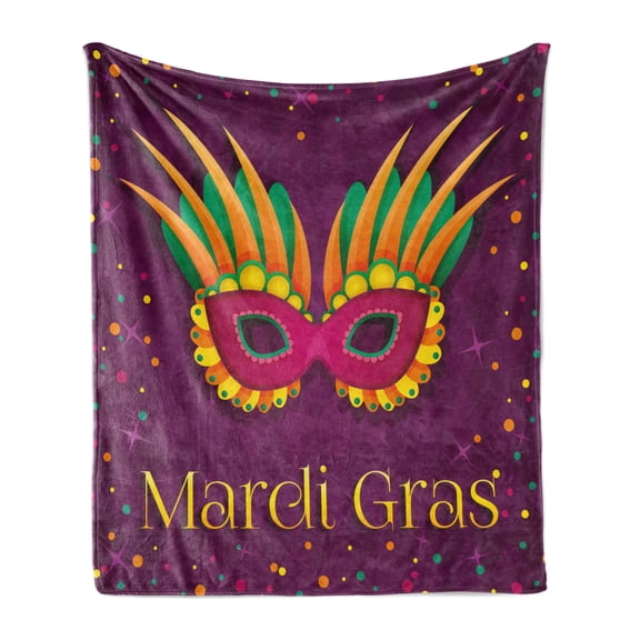 Mardi Gras Soft Flannel Fleece Throw Blanket, Festival Design on Purple Backdrop with Stars and Colorful Dots, Cozy Plush for Indoor and Outdoor Use, 70" x 90", Purple Orange Green, by Ambesonne