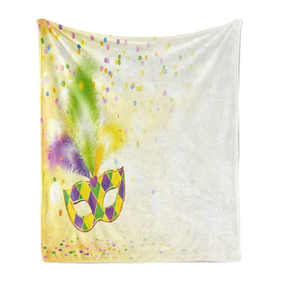 Mardi Gras Soft Flannel Fleece Throw Blanket, Festival with Ornamental Feathers Colorful Dots Party, Cozy Plush for Indoor and Outdoor Use, 50" x 60", Yellow Green Purple, by Ambesonne