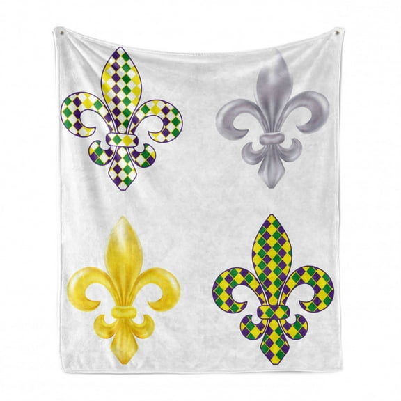 Mardi Gras Soft Flannel Fleece Throw Blanket, Fleur De Lis Motifs with Mardi Gras Pattern Traditional Lily Flowers Pattern, Cozy Plush for Indoor and Outdoor Use, 50" x 60", Multicolor, by Ambesonne