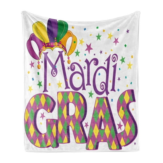 Mardi Gras Soft Flannel Fleece Throw Blanket, Joyous Composition Lettering Stars and Party Hat, Cozy Plush for Indoor and Outdoor Use, 50" x 60", Purple Yellow Green, by Ambesonne