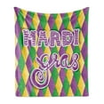 thumbnail image 1 of Mardi Gras Soft Flannel Fleece Throw Blanket, Mardi Gras Lettering on Classical Diamond Line Backdrop, Cozy Plush for Indoor and Outdoor Use, 50" x 60", Fern Green Marigold, by Ambesonne, 1 of 6