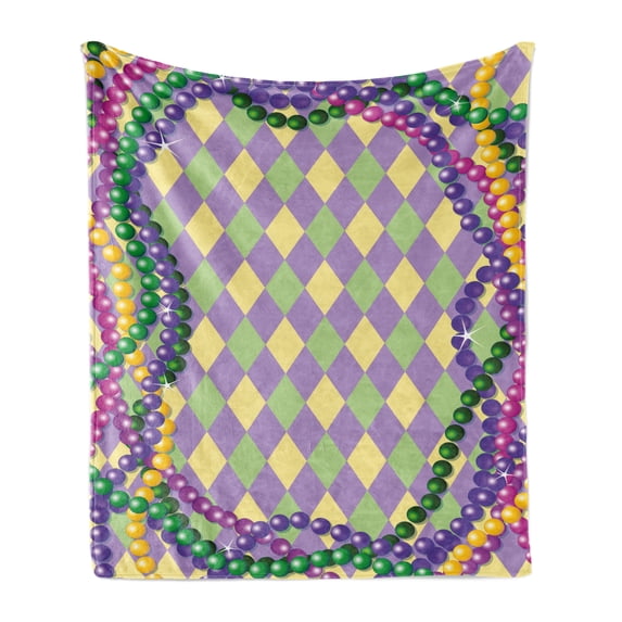 Mardi Gras Soft Flannel Fleece Throw Blanket, Mardi Gras Celebration Beads in Vibrant Graphic Style on Diamond Line Pattern, Cozy Plush for Indoor and Outdoor Use, 60" x 80", Multicolor, by Ambesonne