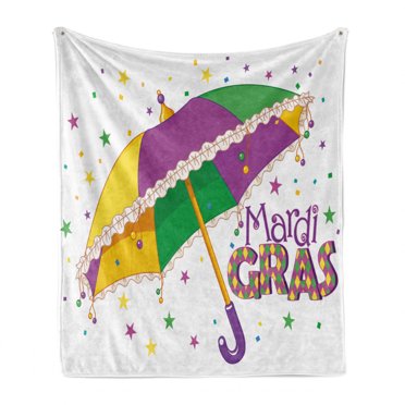 Mardi Gras Soft Flannel Fleece Throw Blanket, Parade Preparations Umbrella Stars Joyful Fun Party, Cozy Plush for Indoor and Outdoor Use, 50" x 60", Purple Yellow Green, by Ambesonne