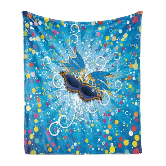 Mardi Gras Soft Flannel Fleece Throw Blanket, Party Backdrop Colorful Dots Spots and Carnival Swirls, Cozy Plush for Indoor and Outdoor Use, 70" x 90", Multicolor, by Ambesonne