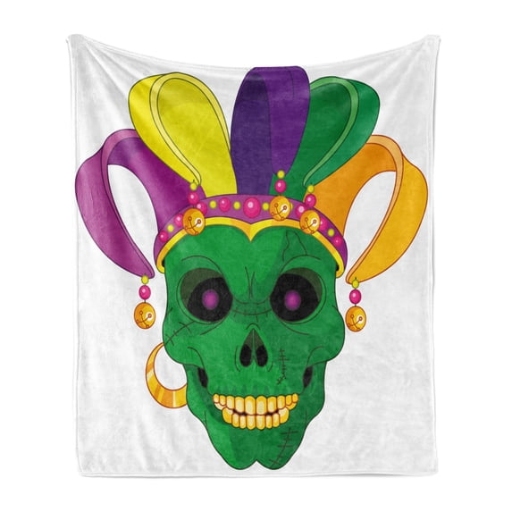 Mardi Gras Soft Flannel Fleece Throw Blanket, Scary Looking Green Skull with Carnival Hat Beads and Earring Cartoon Style, Cozy Plush for Indoor and Outdoor Use, 70" x 90", Multicolor, by Ambesonne