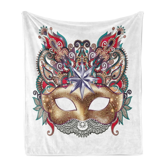 Mardi Gras Soft Flannel Fleece Throw Blanket, Venetian Carnival Silhouette with Ornamental Elements Masquerade Costume, Cozy Plush for Indoor and Outdoor Use, 50" x 70", Multicolor, by Ambesonne