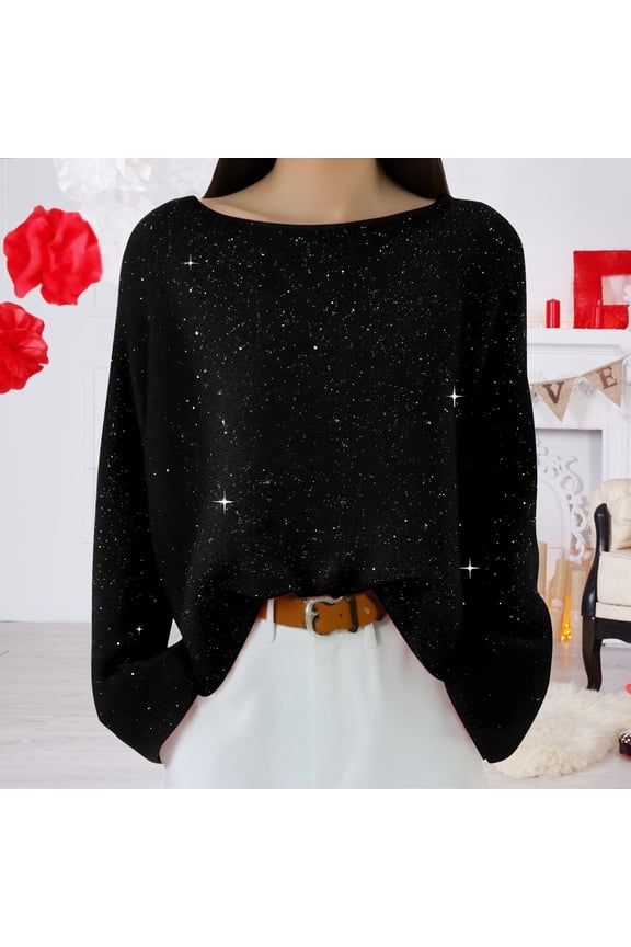 Mardi Gras Sparkly Sweaters for Women Knitted Casual Loose Pullover Sweater Tops (Black M)