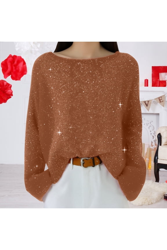 Mardi Gras Sparkly Sweaters for Women Knitted Casual Loose Pullover Sweater Tops (Brown XL)