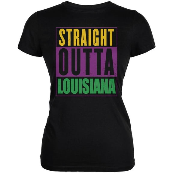 Mardi Gras Straight Outta Louisiana Black Juniors Soft T-Shirt - 2X-Large