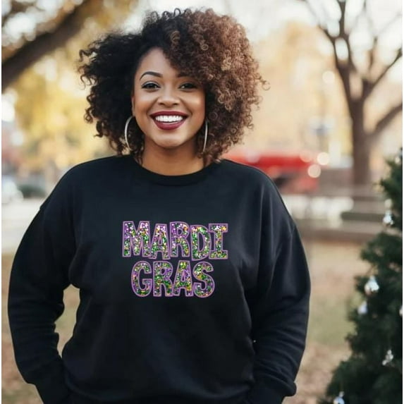 Mardi Gras Sweatshirt (Faux Sequin Embroidered), NOLA, Fat Tuesday, Louisiana, New Orleans, Louisiana, Alabama, Ladies Gift, Bourbon Street